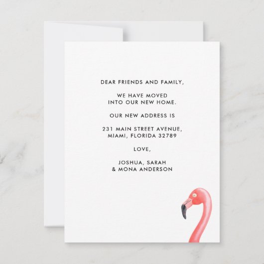 熱帯フラミンゴがフロリダの移動の新しいアドレスを移動 案内状 (裏面)