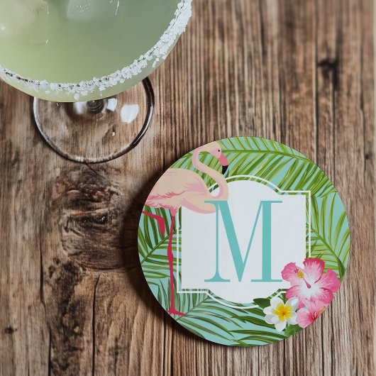 熱帯フラミンゴとハイビスカスフラワーモノグラム コースター