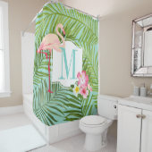 熱帯フラミンゴとハイビスカスフラワーモノグラム シャワーカーテン (インサイチュ)