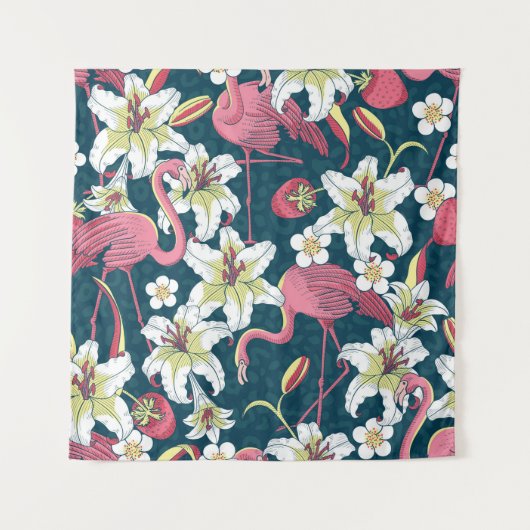 熱帯フラミンゴとユリの継ぎ目のない模様 タペストリー (正面)