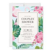 熱帯フラミンゴとランの夏のカップルのシャワー