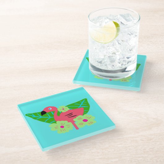 熱帯フラミンゴと花 ガラスコースター (アングル)