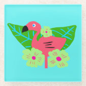 熱帯フラミンゴと花 ガラスコースター (正面)