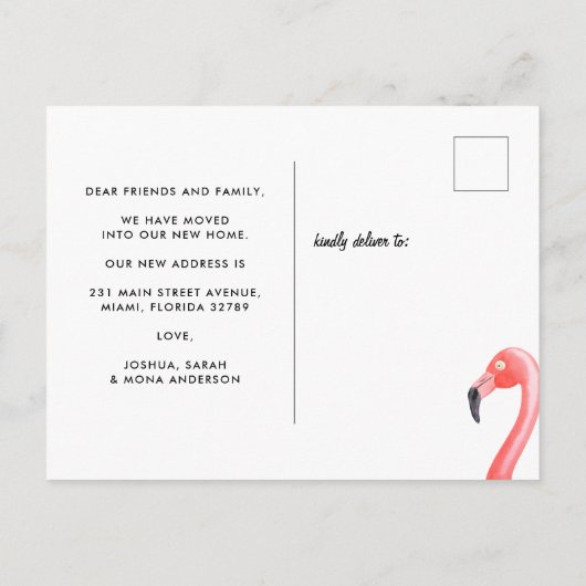 熱帯フラミンゴの群れが新しいアドレス移動 案内ポストカード (裏面)
