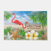 熱帯フラミンゴの鳥達のビーチ ドアマット (正面)