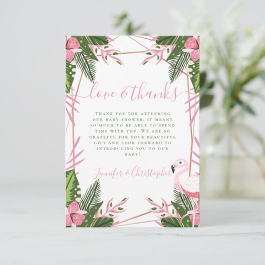 熱帯フラミンゴカップルの赤ちゃんシャワー サンキューカード (スタンド正面)