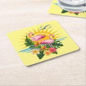 熱帯フラミンゴスの太陽の光と花 スクエアペーパーコースター (アングル)