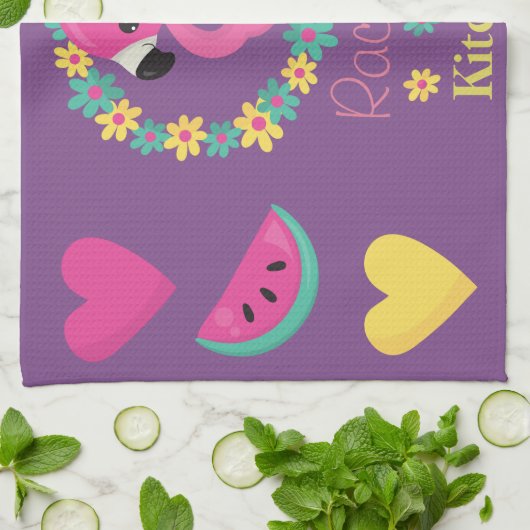 熱帯フラミンゴパープルピンクと黄色のハート キッチンタオル (折り畳み)