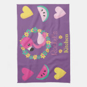 熱帯フラミンゴパープルピンクと黄色のハート キッチンタオル (縦)