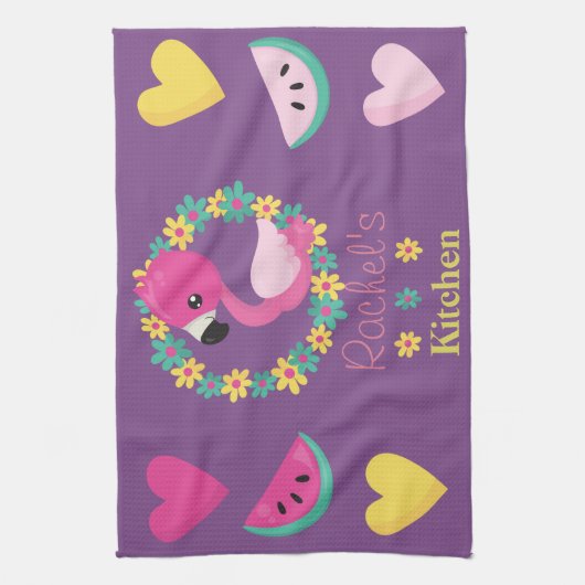 熱帯フラミンゴパープルピンクと黄色のハート キッチンタオル (縦)