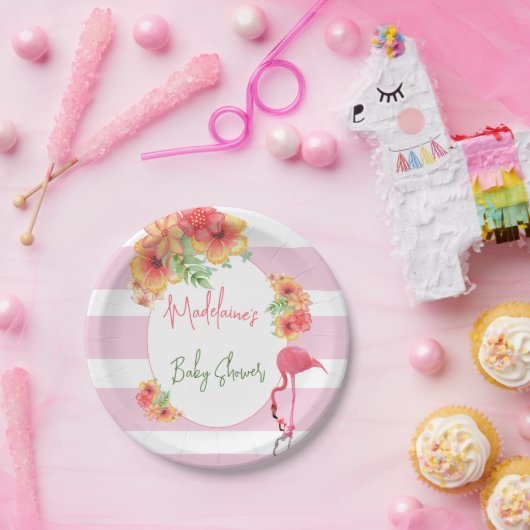 熱帯フラミンゴピンクストライプの赤ちゃんシャワー ペーパープレート (パーティー)