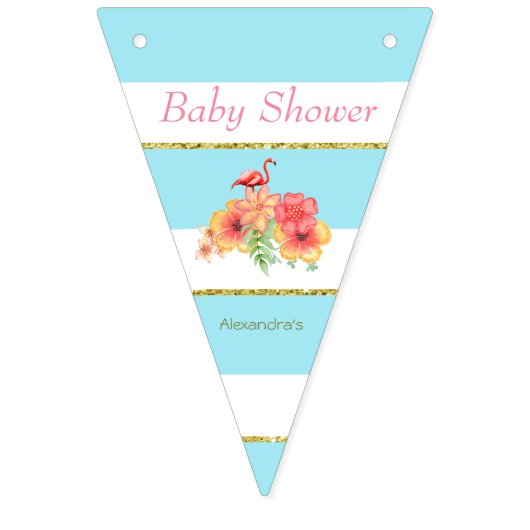 熱帯フラミンゴブルーストライプの赤ちゃんシャワー バンティングフラッグ (第1の旗)