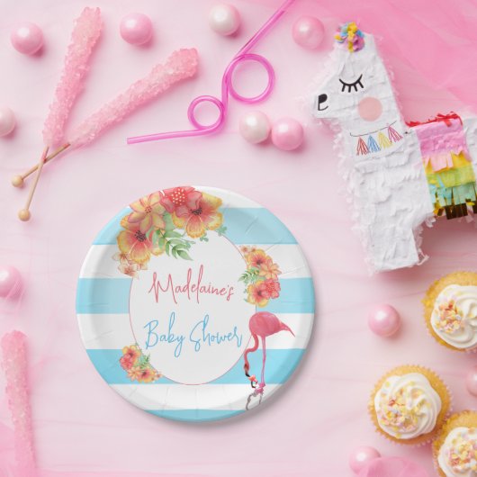 熱帯フラミンゴブルーストライプの赤ちゃんシャワー ペーパープレート (パーティー)