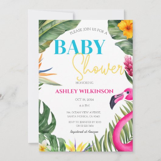 熱帯フラミンゴ夏のフローラ赤ちゃんシャワー 招待状 (正面)