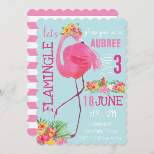 熱帯フラミンゴ誕生日パーティーの招待夏 招待状 (正面/裏面)
