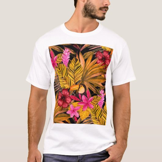 熱帯フラミンゴ：ハイビスカス夏パターン Tシャツ (正面)