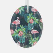 熱帯フラミンゴ:夏の花のパターン ガラスオーナメント (正面右)