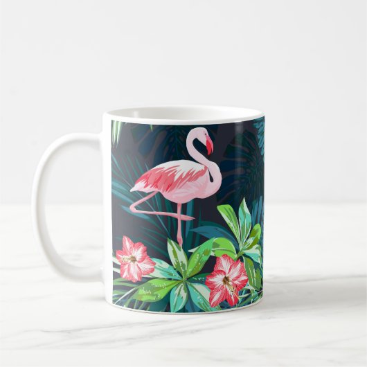 熱帯フラミンゴ:夏の花のパターン コーヒーマグカップ (左)