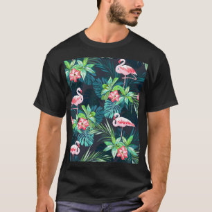 熱帯フラミンゴ:夏の花のパターン Tシャツ