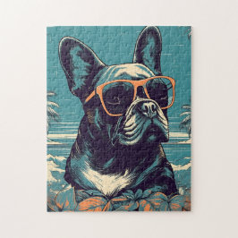 熱帯フランスのビーチでサングラスをかけたブルドッグ ジグソーパズル