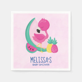 熱帯フルーツとピンクのフラミンゴ赤ちゃんシャワー スタンダードカクテルナプキン
