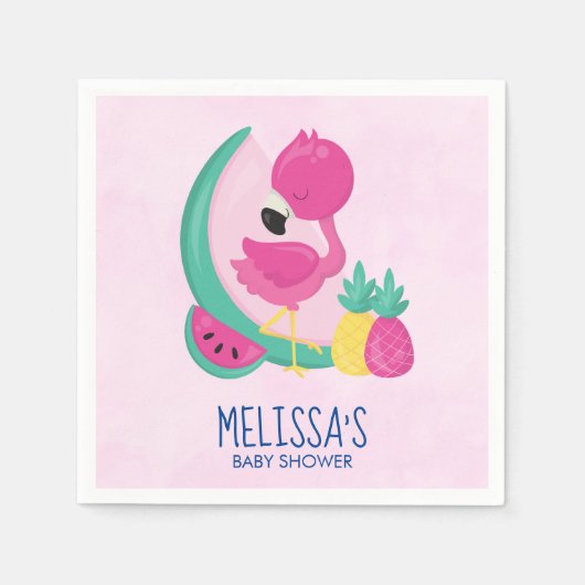 熱帯フルーツとピンクのフラミンゴ赤ちゃんシャワー スタンダードカクテルナプキン (正面)