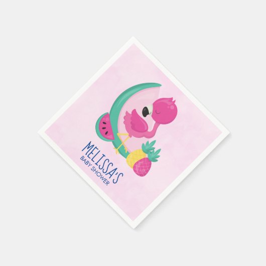 熱帯フルーツとピンクのフラミンゴ赤ちゃんシャワー スタンダードカクテルナプキン (角)