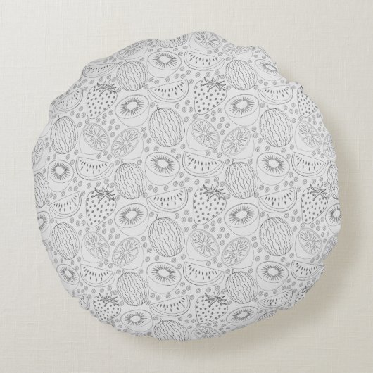 熱帯フルーツのシームレスなパターン黒と白 ラウンドクッション (裏面)
