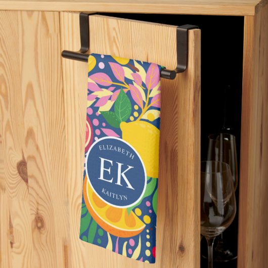 熱帯フルーツモノグラム水の色サマーパターン キッチンタオル (三つ折り)