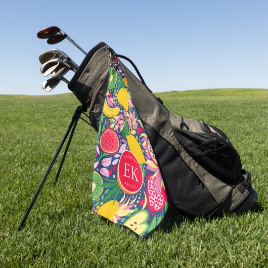 熱帯フルーツモノグラム水の色サマーパターン ゴルフタオル (グリーン)