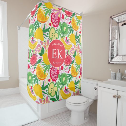 熱帯フルーツモノグラム水の色サマーパターン シャワーカーテン (インサイチュ)