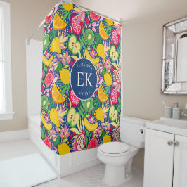 熱帯フルーツモノグラム水の色サマーパターン シャワーカーテン