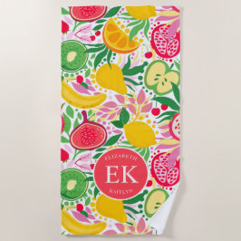 熱帯フルーツモノグラム水の色サマーパターン ビーチタオル