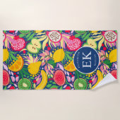 熱帯フルーツモノグラム水の色サマーパターン ビーチタオル (正面)