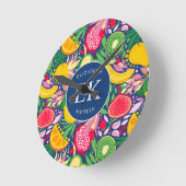 熱帯フルーツモノグラム水の色サマーパターン ラウンド壁時計 (傾斜)