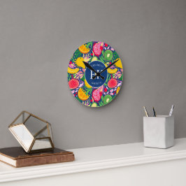 熱帯フルーツモノグラム水の色サマーパターン ラウンド壁時計