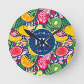 熱帯フルーツモノグラム水の色サマーパターン ラウンド壁時計 (正面)