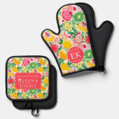 熱帯フルーツモノグラム水の色サマーパターン 鍋つかみ&鍋敷きセット (正面/裏面)