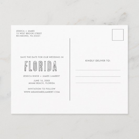 熱帯フロリダの目的地の結婚式の日付を保存 案内ポストカード (裏面)
