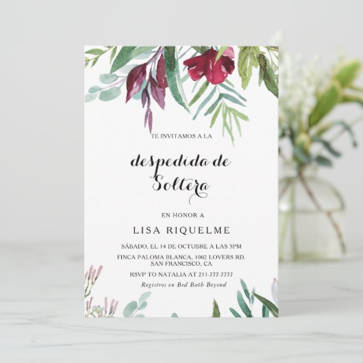 熱帯フローラと緑のスペインのブライダルシャワー 招待状 (スタンド正面)