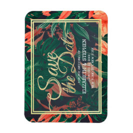 熱帯フローラと金ゴールドフレームウェディング日付を保存 マグネット