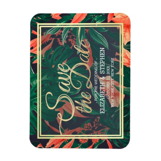 熱帯フローラと金ゴールドフレームウェディング日付を保存 マグネット (縦)