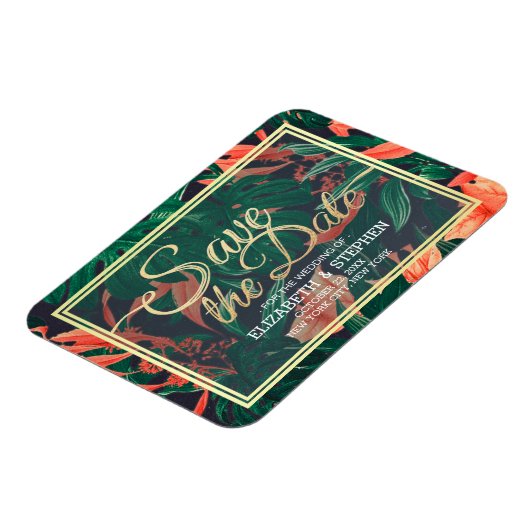 熱帯フローラと金ゴールドフレームウェディング日付を保存 マグネット (左側)