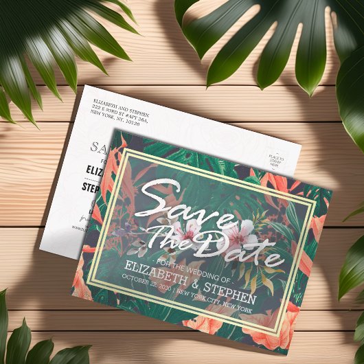 熱帯フローラと金ゴールドフレームウェディング日付を保存 案内ポストカード