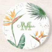 熱帯フローラの葉モノグラムスクリプトホワイト金ゴールド コースター (正面)