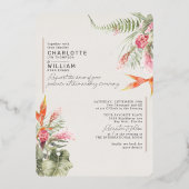 熱帯フローラアイボリーRSVP QRコード結婚の金ゴールド 箔招待状 (正面)