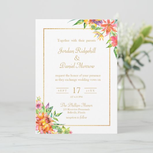 熱帯フローラウォーターカラーシック結婚夏 招待状 (スタンド正面)