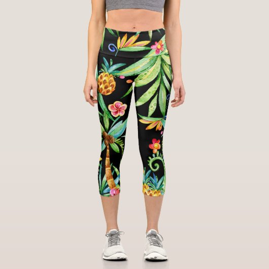 熱帯フローラエキゾチック黒レギンス カプリレギンス (正面)