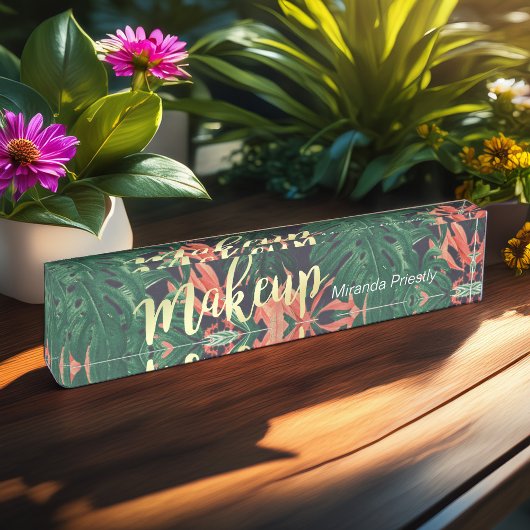 熱帯フローラエレガント金ゴールドスクリプトメイクアップサロン デスクネームプレート