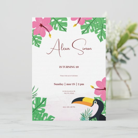 熱帯フローラグリーンとピンクの子供の誕生日パーティー 招待状 (スタンド正面)